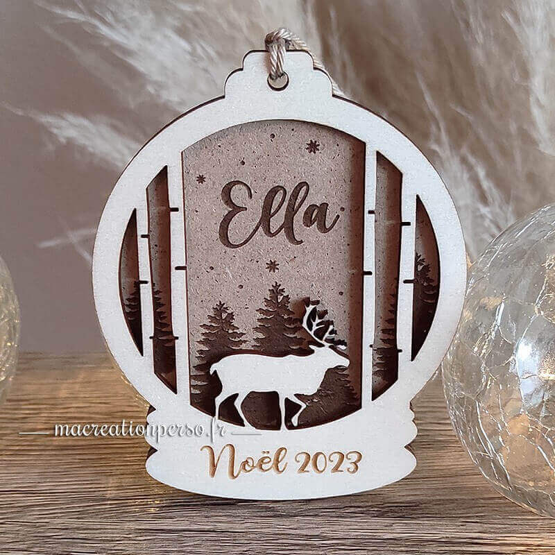 Boule de noel personnalisée en bois suspension avec cordelette
