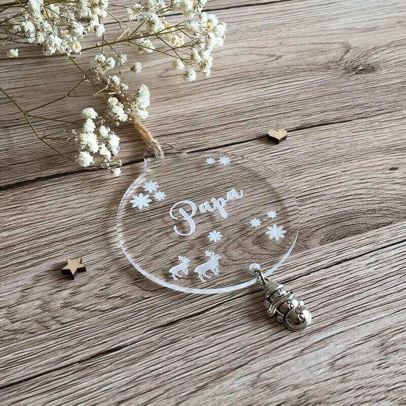 Boule de noël à personnaliser transparente avec breloque bonhomme de neige