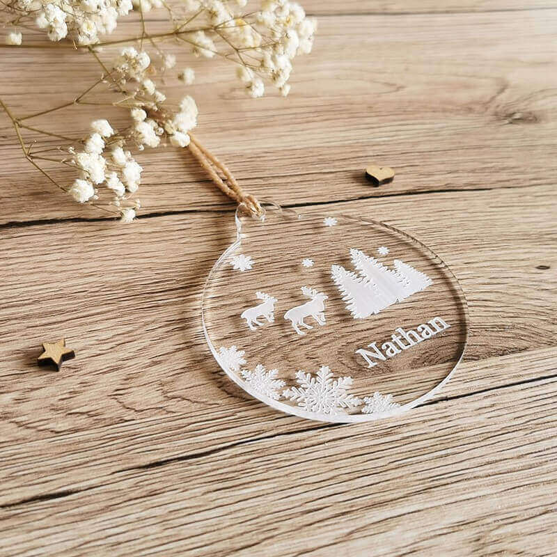 Boule de noël renne sapin flocon prénom personnalisée transparente