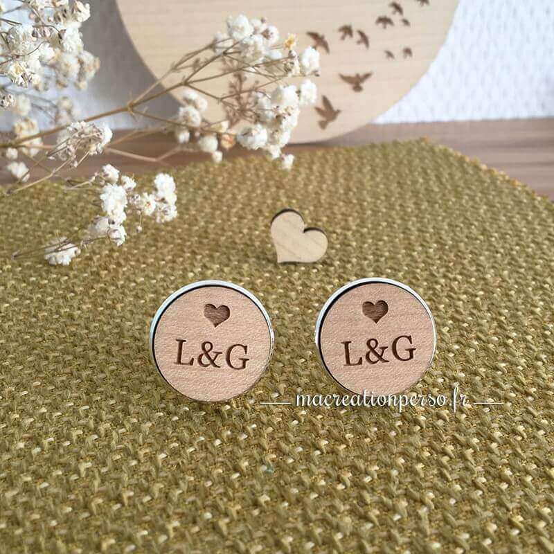 Boutons de manchette pour marié en bois à personnaliser - Thème coeur