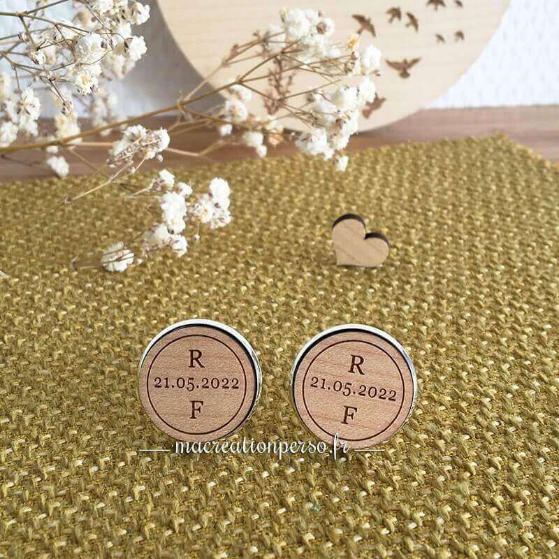 Boutons de manchette personnalisés  en bois - Date + initiales