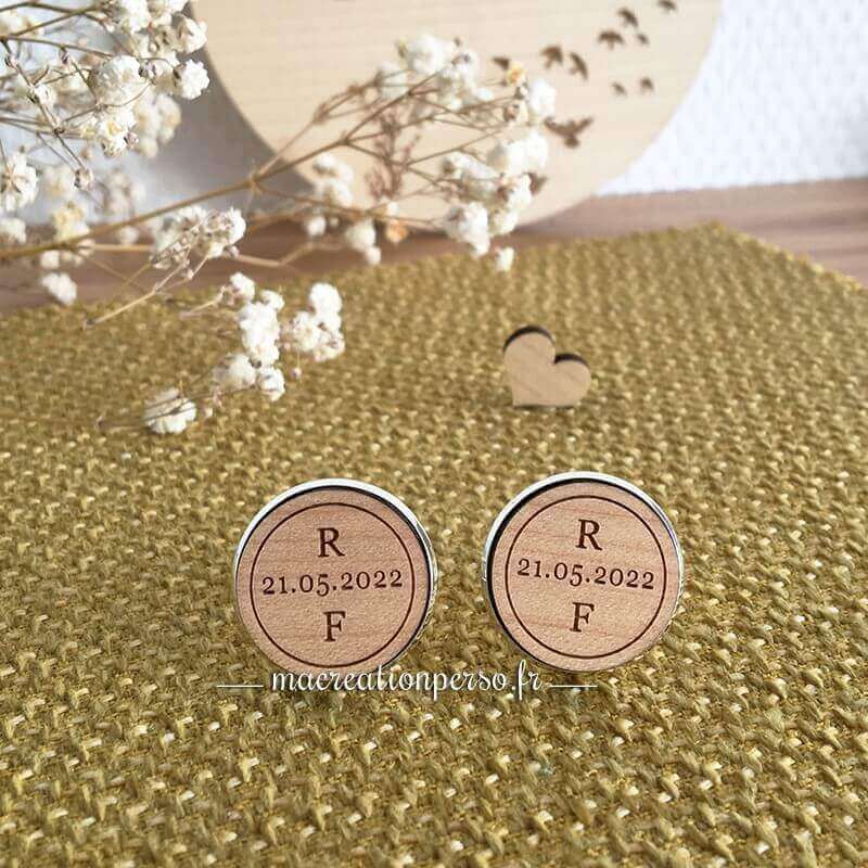 Boutons de manchette personnalisés mariage bois et argenté