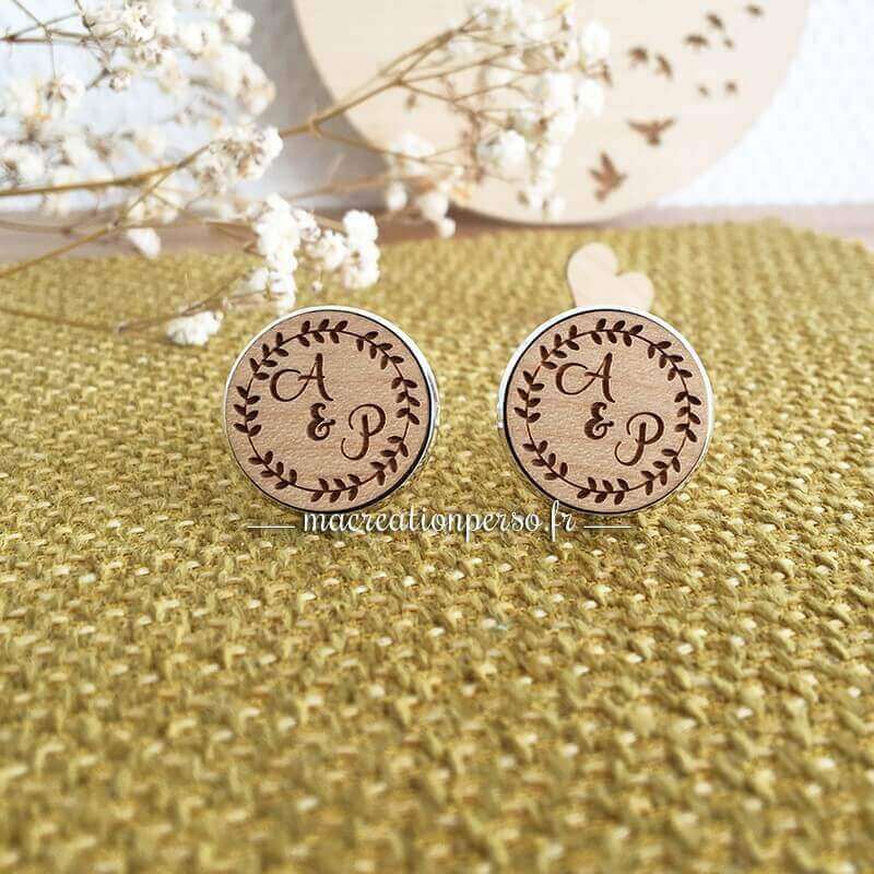 Boutons de manchette thème floral bois et argenté