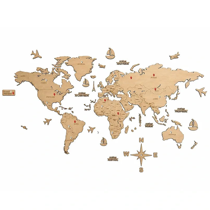 Carte du monde avec pays en bois d'érable pour décoration murale
