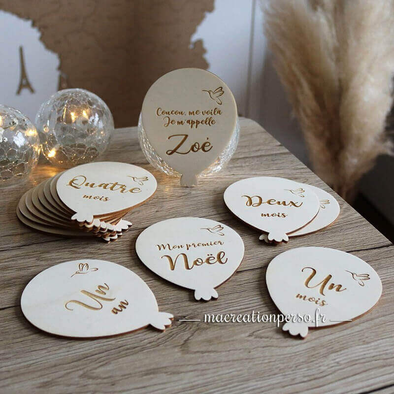 Cartes étapes ballon et colibri personnalisées en bois - Divers coloris de bois