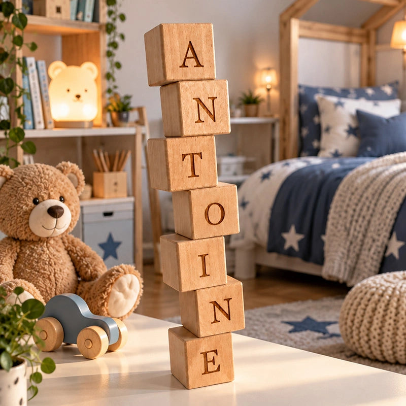 Cubes lettres en bois massif empilés formant le prénom Antoine dans une chambre d'enfant