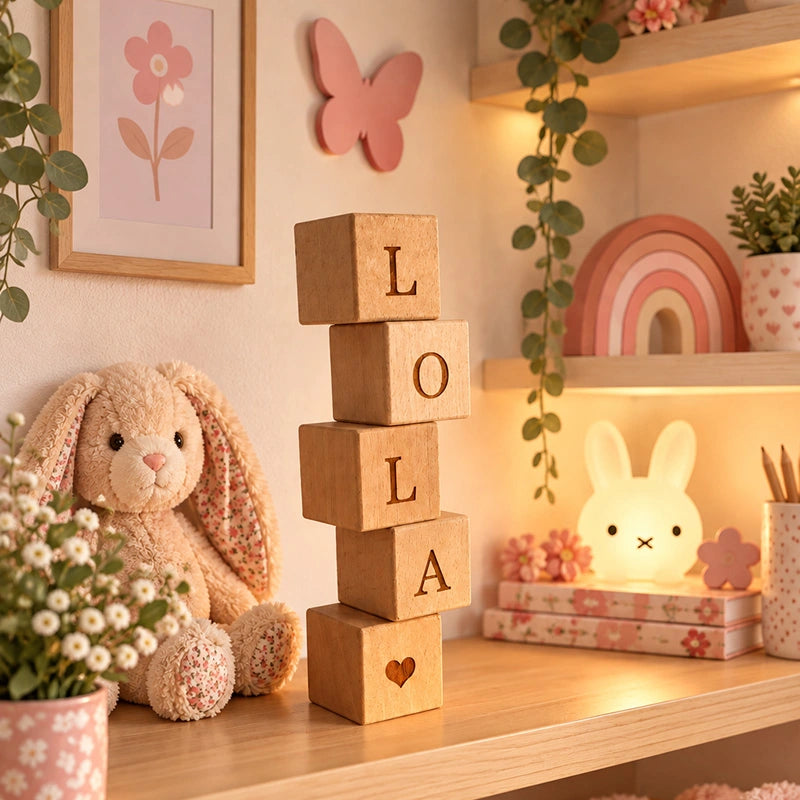 Cubes prénom en bois Lola posés sur une étagère de chambre de bébé, avec une peluche lapin