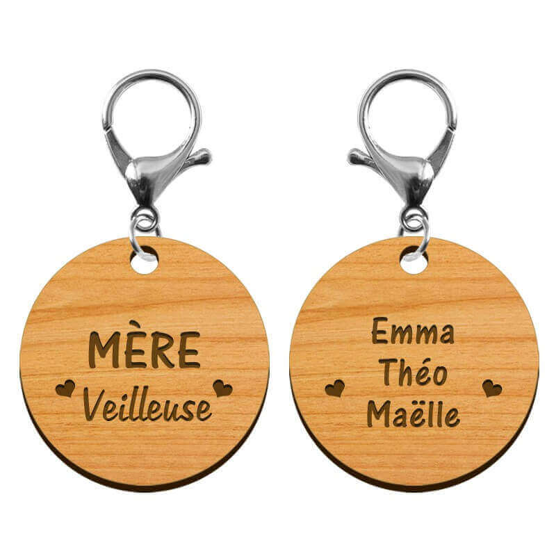 Deux faces porte clé personnalisé en bois - Mère "veilleuse" - 45 mm mousqueton argenté