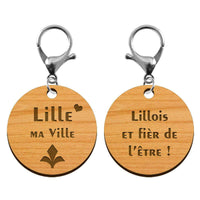 Deux faces recto et verso du porte-clé en bois Lille 45 mm avec mousqueton argenté