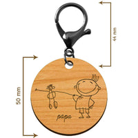 Dimensions du porte-clé en bois dessin personnalisable 50 mm avec mousqueton de couleur noire