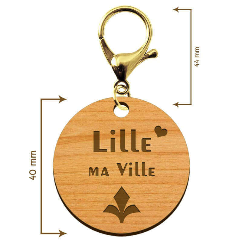 Dimensions du porte-clé en bois Lille 45 mm avec mousqueton de couleur doré