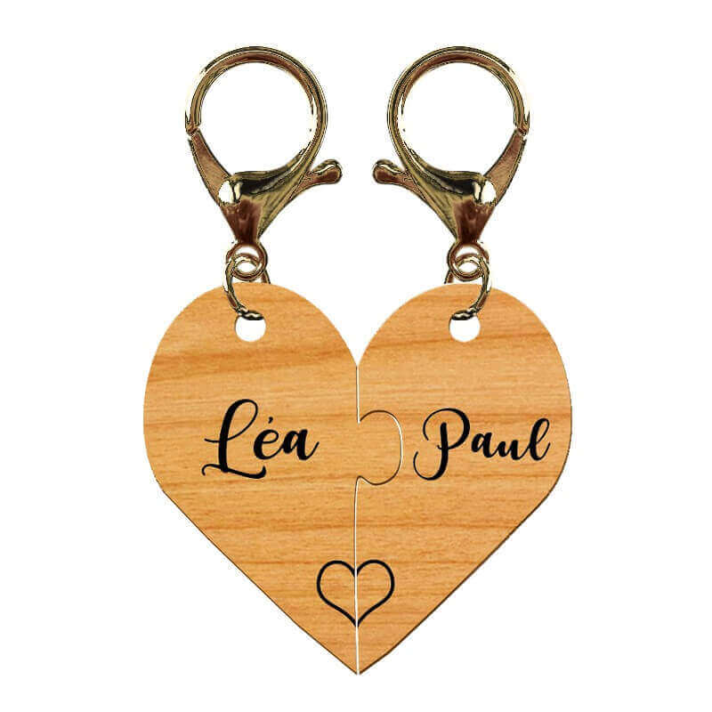 Duo de porte-clés puzzle coeur en bois personnalisé avec mousqueton bronze