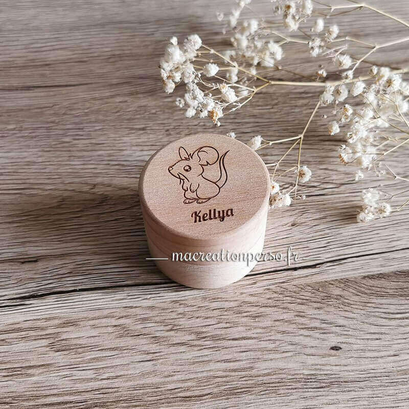 Écrin en bois pour dent de lait gravé motif souris et prénom Kellya