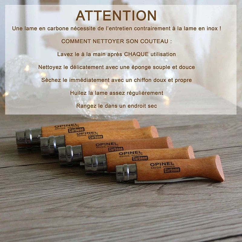 Conseils d’entretien d’un couteau Opinel à lame carbone : laver à la main, sécher aussitôt, huiler la lame et ranger au sec