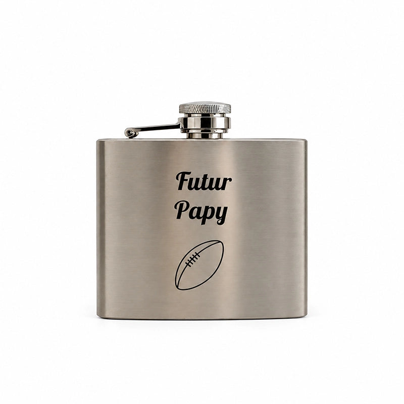 Flasque en inox gravée « Futur Papy » avec un ballon de rugby, cadeau d’annonce de grossesse