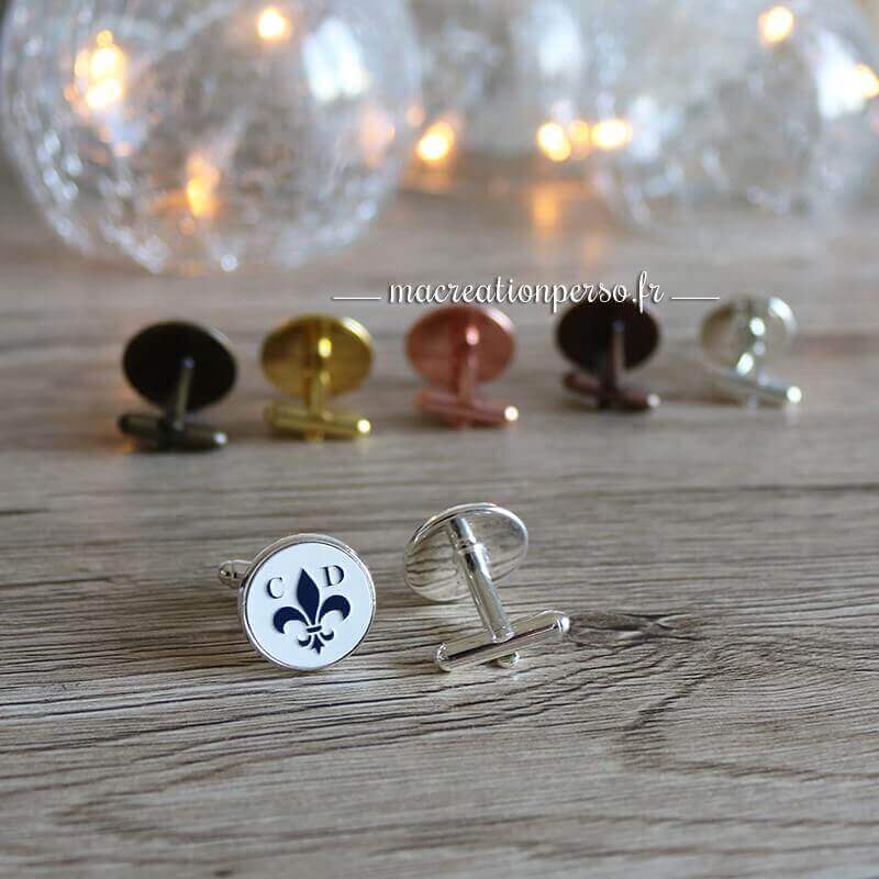 Fleur de lys bleu bouton de manchette à personnaliser avec vos initiales
