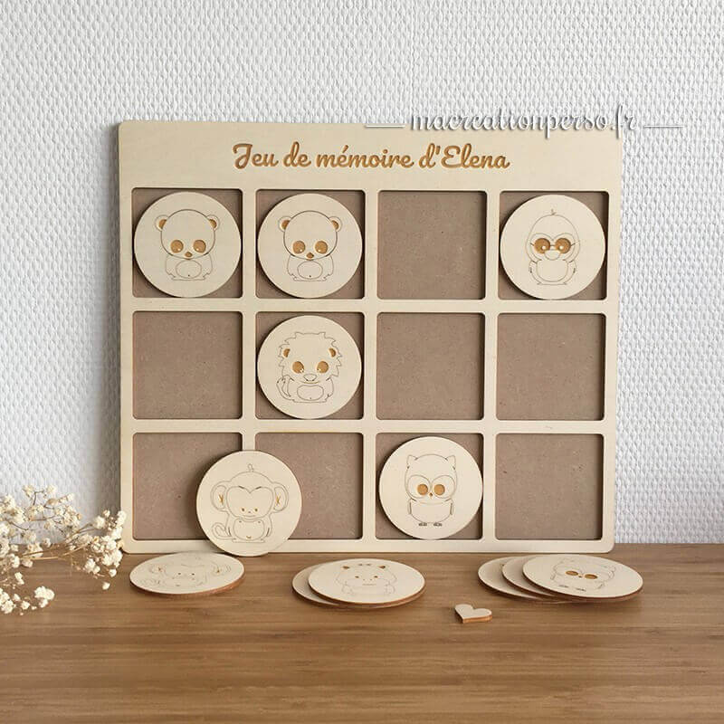 Jeu de mémoire en bois avec jeton sur le thème des animaux