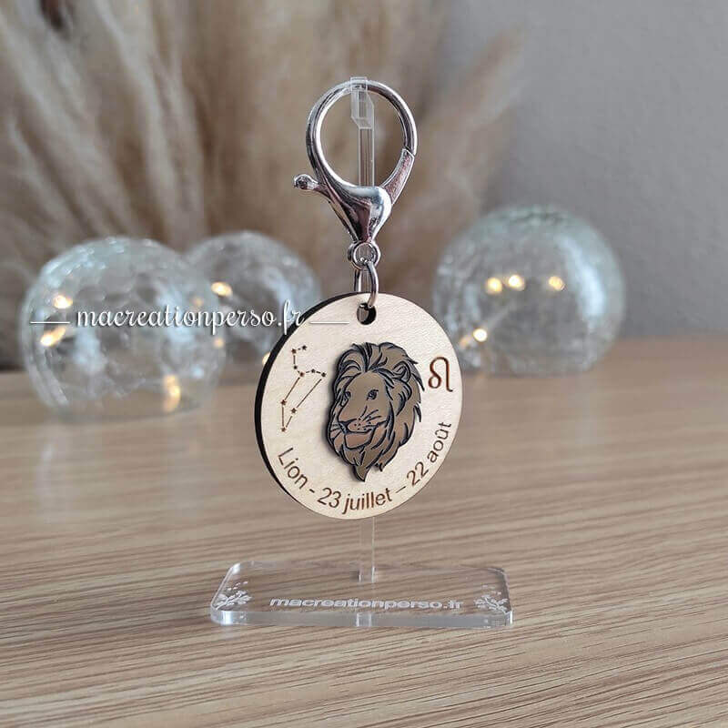 Lion signe astro du zodiaque date porte clé personnalisé bois