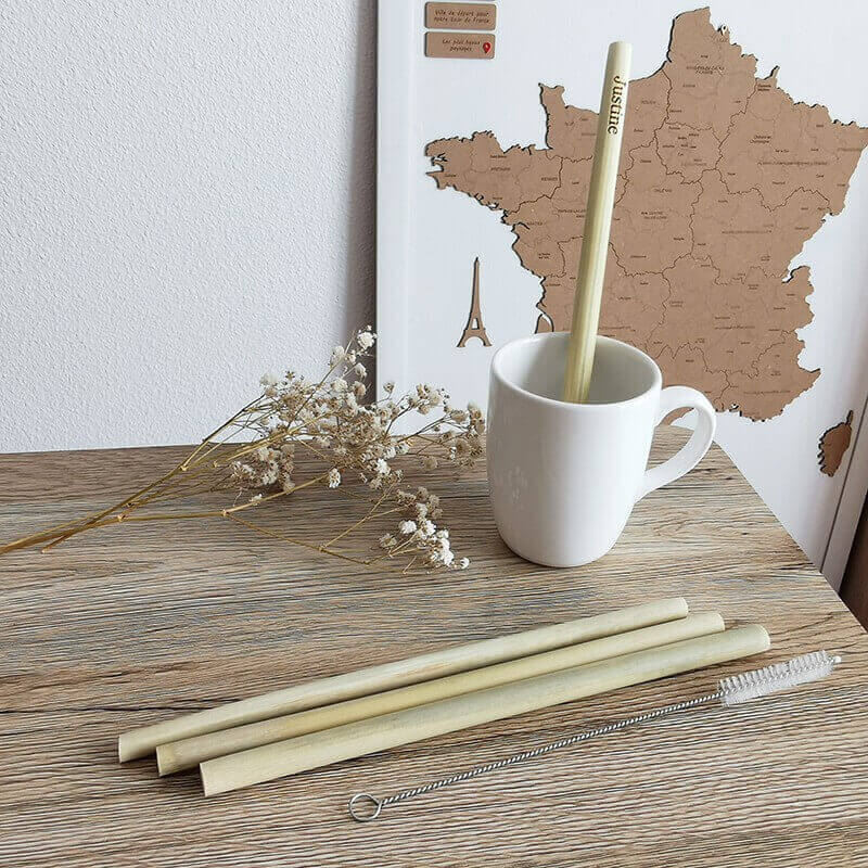 Lot de 4 pailles personnalisées en Bambou + goupillon -  Pailles épaisses