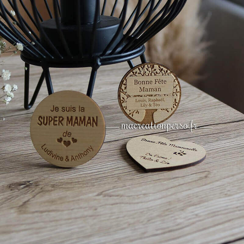 Lot de magnet en bois a personnaliser coeur et rond