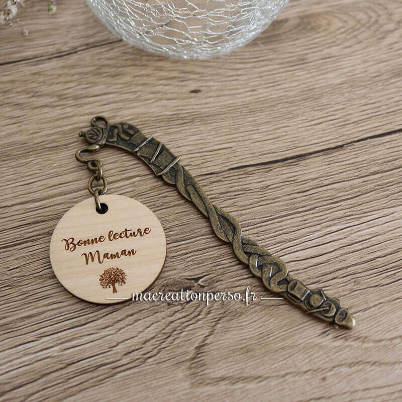Marque-pages fête des mères gravé thème théière avec rond en bois vernis personnalisé