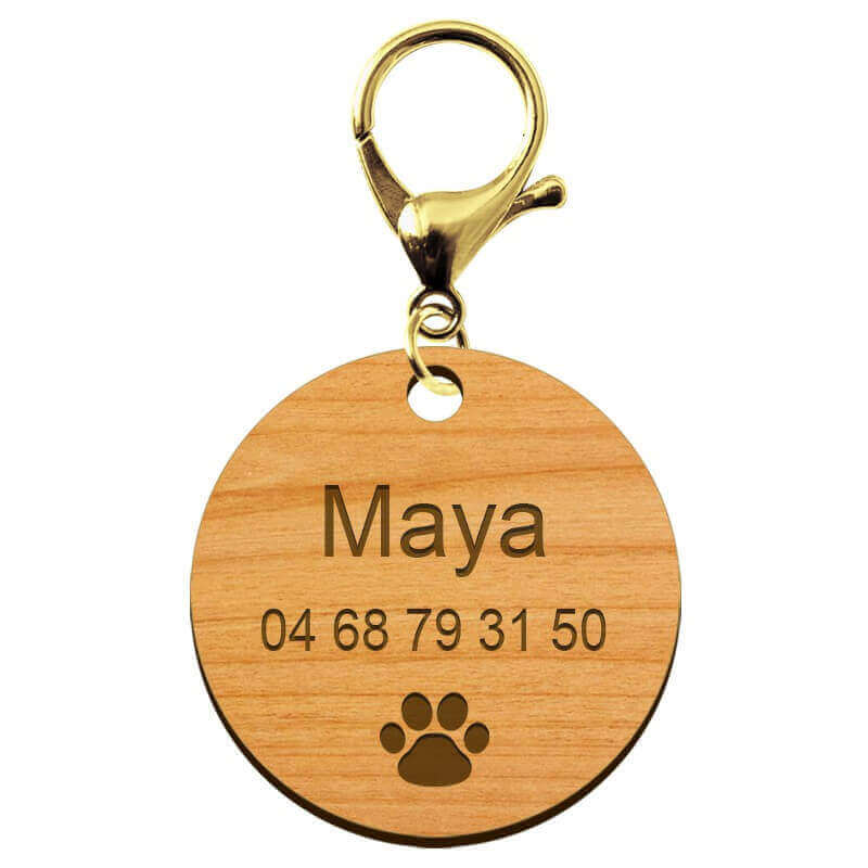 Médaille pour animal de compagnie en bois personnalisé mousqueton doré