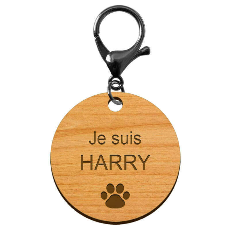 Médaille pour animal de compagnie en bois à personnaliser 40 mm mousqueton noir