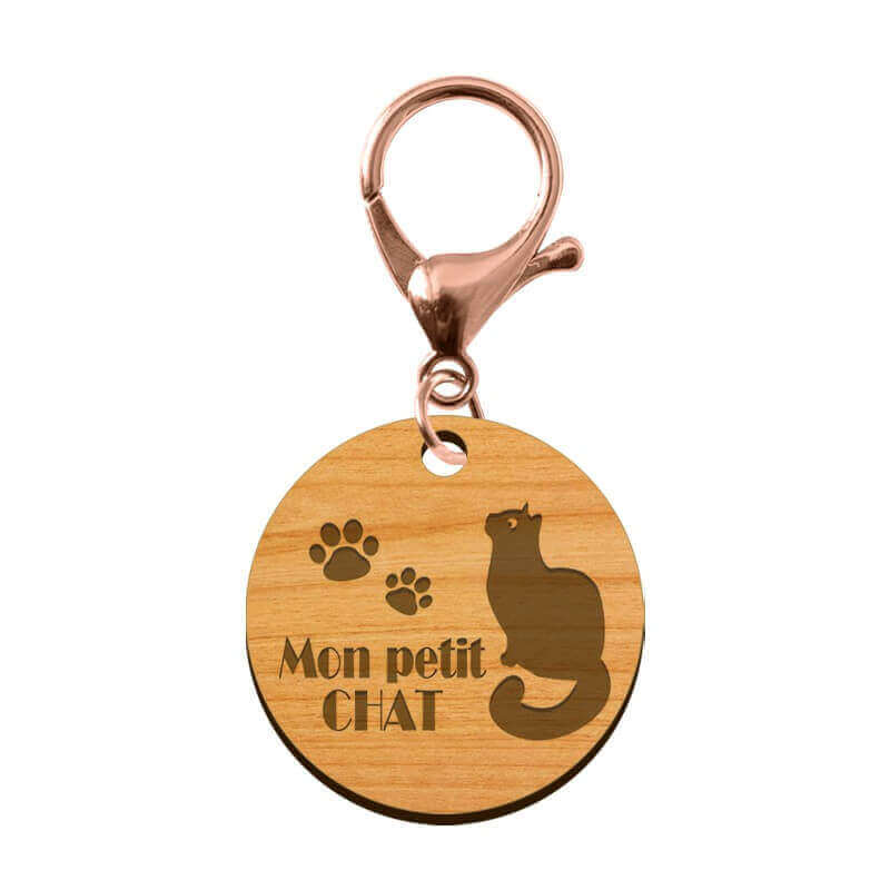 Médaille pour chat en bois à personnaliser 30 mm avec mousqueton rose