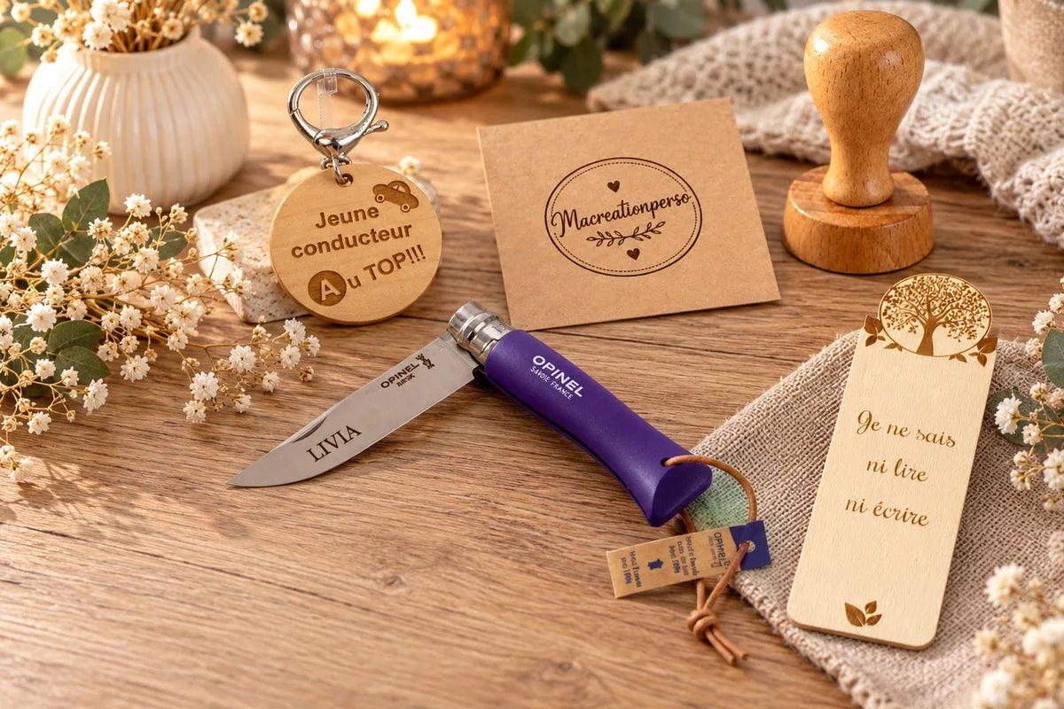 Accessoires personnalisés gravés : porte-clés, marque-pages et couteaux