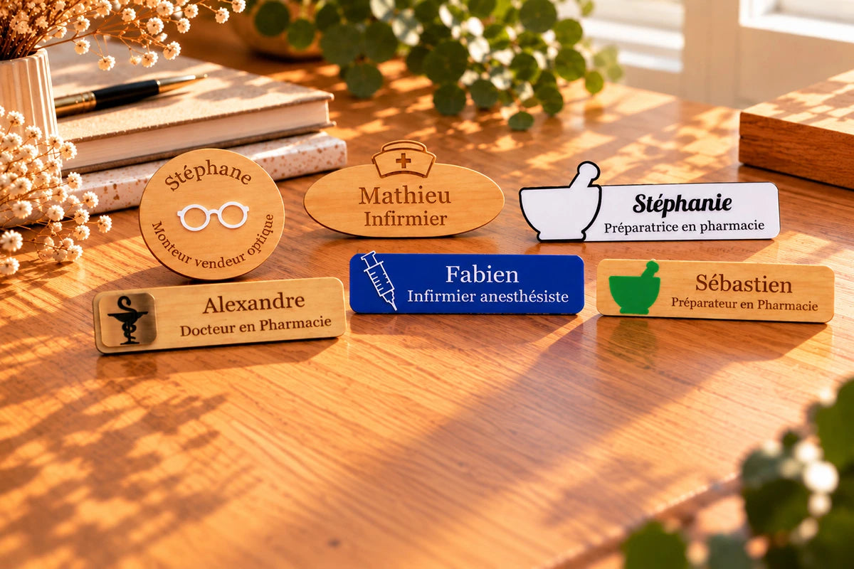 Badges professionnels personnalisés en bois gravés avec prénom et fonction