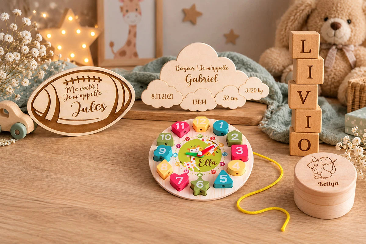 Cadeaux de naissance personnalisés en bois : carte prénom, horloge éducative, cubes lettres et boîte à dents de lait