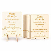 Menus personnalisés en bois gravé avec support, pour une table de mariage ou de réception