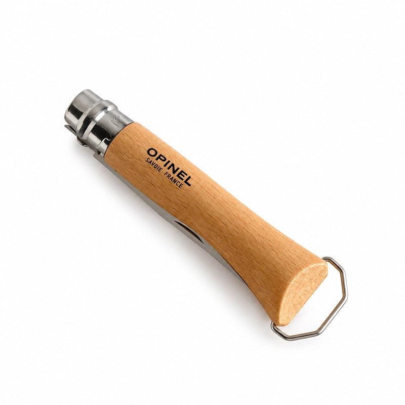 Couteau Opinel N°10 tire-bouchon décapsuleur fermé, manche en hêtre et anneau décapsuleur