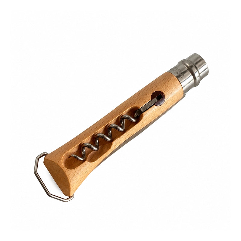 Opinel N°10 tire-bouchon décapsuleur vu de dos, tire-bouchon replié dans le manche en hêtre
