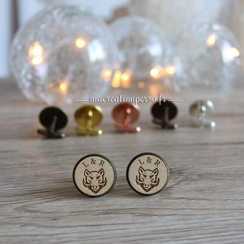 Paire de bouton de manchette tête de sanglier et initiales à personnaliser