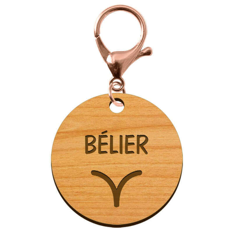 Porte clé bois gravé signe astrologique Bélier mousqueton rose