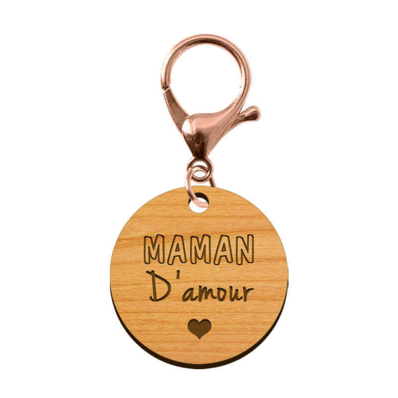 Porte-clé en bois - Maman d'amour mousqueton rose
