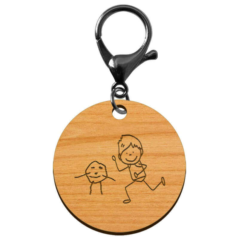 Porte-clé en bois motif dessin enfant diamètre 50 mm avec mousqueton noir