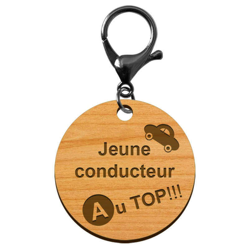 Porte-clé en bois motif Jeune conducteur AU TOP diamètre 45 mm avec mousqueton noir