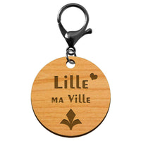 Porte-clé en bois motif Lille ma Ville diamètre 45 mm avec mousqueton noir