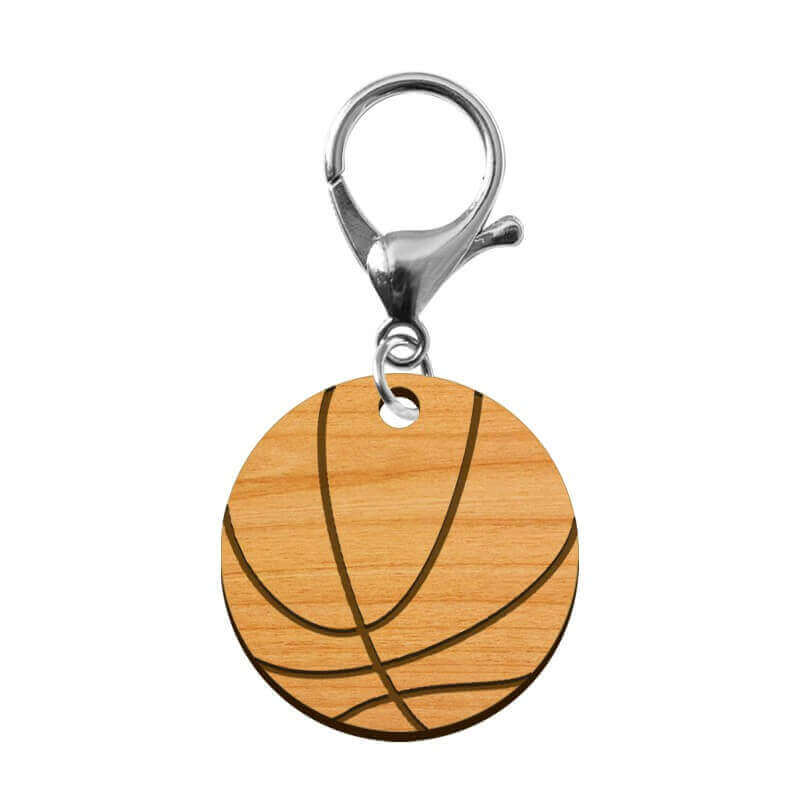 Porte-clé en bois personnalisé - Ballon de basket mousqueton argenté