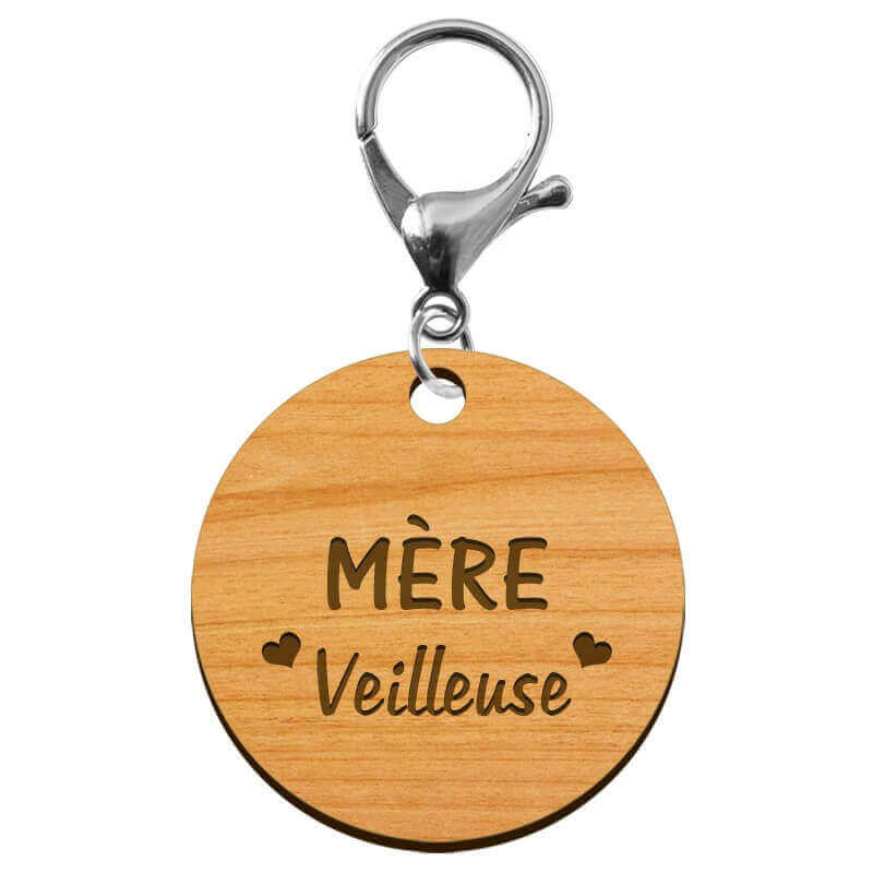 Porte-clé en bois personnalisé - Mère "veilleuse" - 45 mm mousqueton argenté