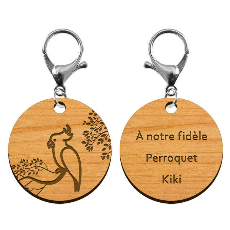 Porte-clé en bois personnalisé perroquet 45 mm avec mousqueton argenté gravé à notre fidèle perroquet