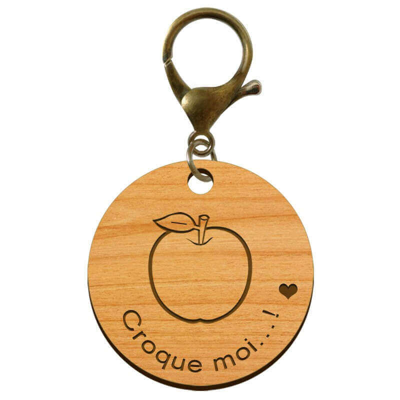 Porte-clé en bois "Pomme, croque moi...!" à personnaliser mousqueton bronze