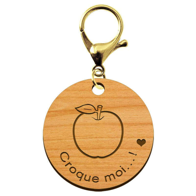 Porte-clé en bois "Pomme, croque moi...!" à personnaliser mousqueton doré