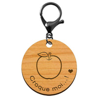 Porte-clé en bois "Pomme, croque moi...!" à personnaliser mousqueton noir