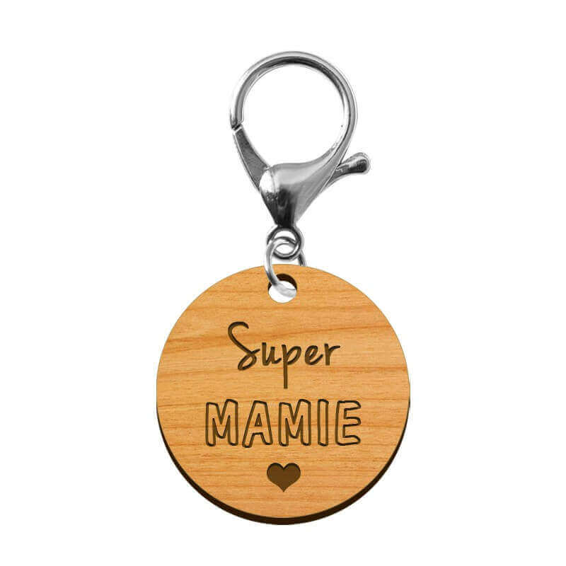 Porte-clé en bois - Super Mamie mousqueton argenté