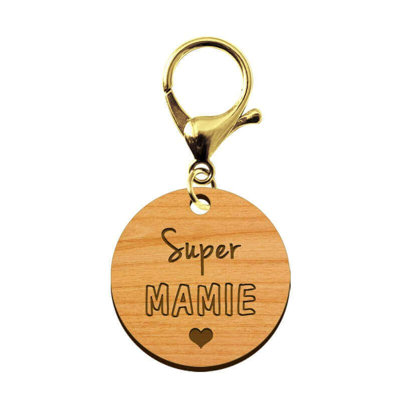 Porte-clé en bois - Super Mamie mousqueton doré
