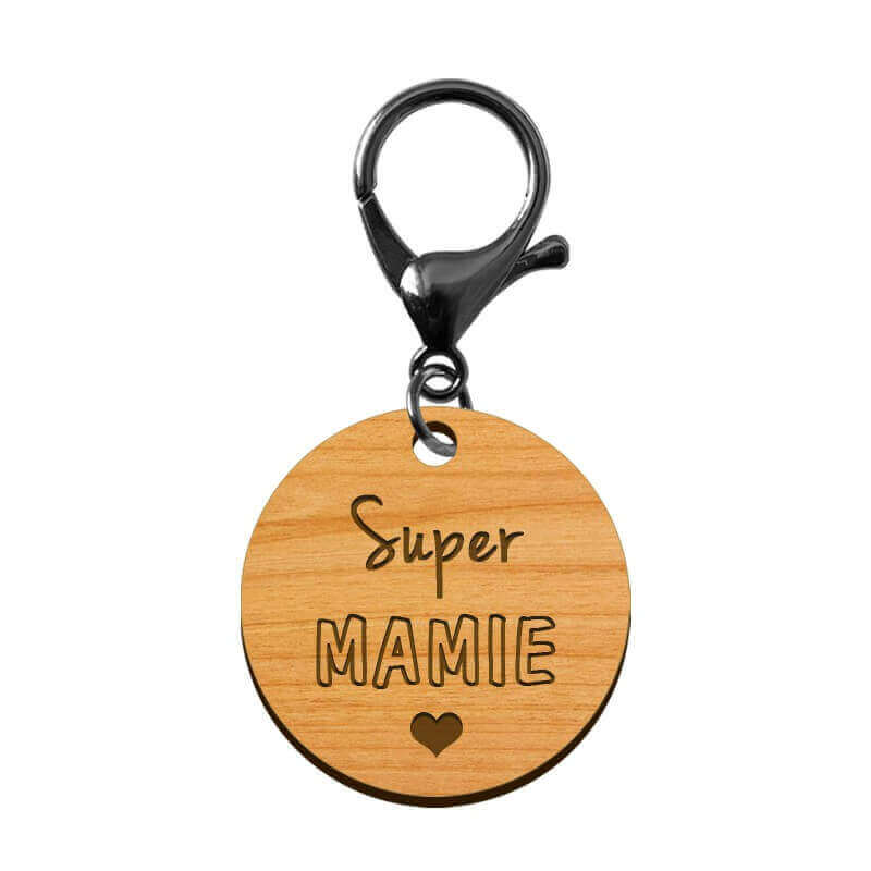 Porte-clé en bois - Super Mamie mousqueton noir