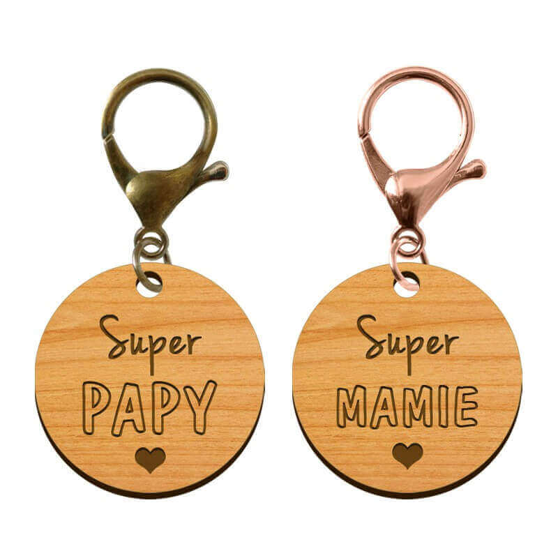 Porte-clé en bois - Super Mamie - Super Papy mousqueton bronze et rose